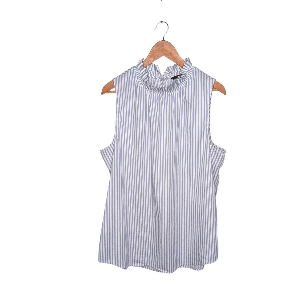 Banana Republic Sleeveless Ruffle Neck Top Womens XL Striped Coastal Blue White